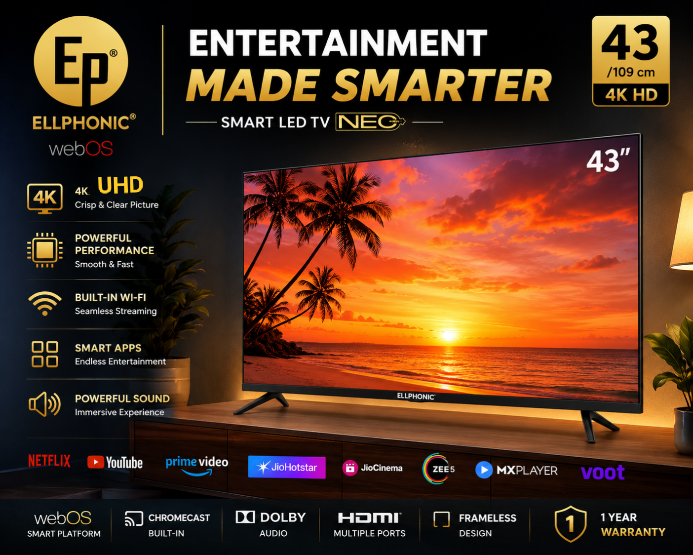 43’Inch SMART UHD LED TV ELLPHONIC